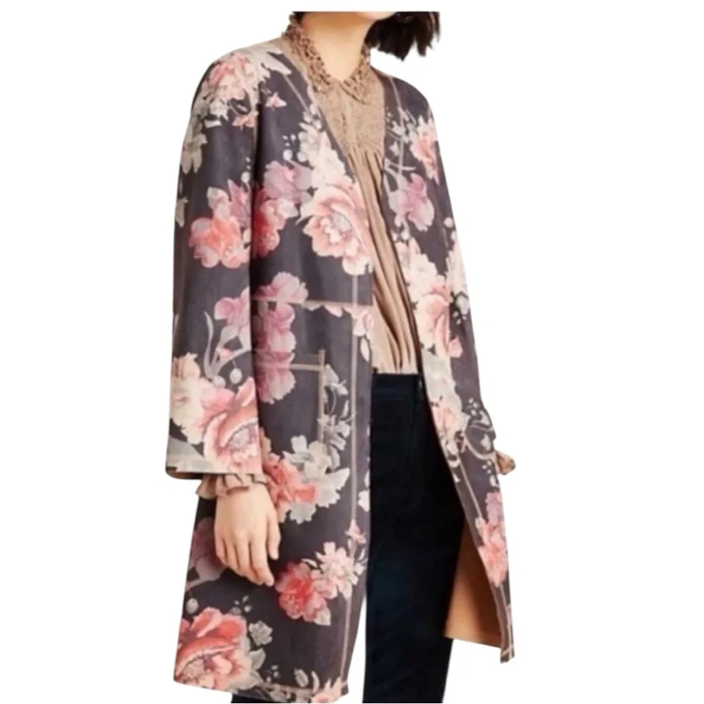 Solitaire Anthropologie Boho Floral Open Front Cardigan, Kimono, Suede Coat Sz M